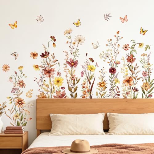 Supzone Boho Flower Wall Decals Wildflower Butterfly Grass Wall Stickers | Peel and Stick Autumn Floral Vinyl Stickers for Girls Bedroom Living Room TV Sofa Backdrop Fall Home Decorations - Image 5