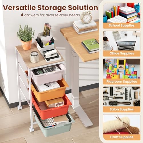 Giantex Rolling Storage Cart with 4 Drawers, Utility Cart w/Wooden Tabletop, Lockable Wheels, Multipurpose Organizer for Art Craft Scrapbook Paper, Drawer Carts for Dorm Classroom Office, Macaron - Image 5