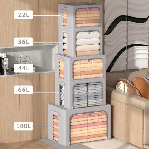 CYhom 3Pack Frame Storage Box - Clothes Storage Bin Bags Oxford Fabric Foldable Stackable Container Organizer Set with Clear Window & Carry Handles Large Capacity (Grey, Large-66L) - Image 4