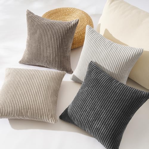 Topfinel 4 Packs Natural Decorative Throw Pillows Covers 18x18 Inch for Living Room Couch Bed Sofa, Rustic Farmhouse Boho Home Decor, Soft Plush Striped Corduroy Square Cushion Case 45x45 cm - Image 3