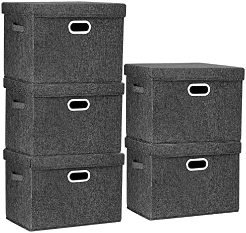 TYEERS Large Storage Bins with Lids, Collapsible, Washable, Fabric Storage Boxes for Organizing, 17.3x11.8x11.4 inches, 5 Pack, Black by StorageOrganization