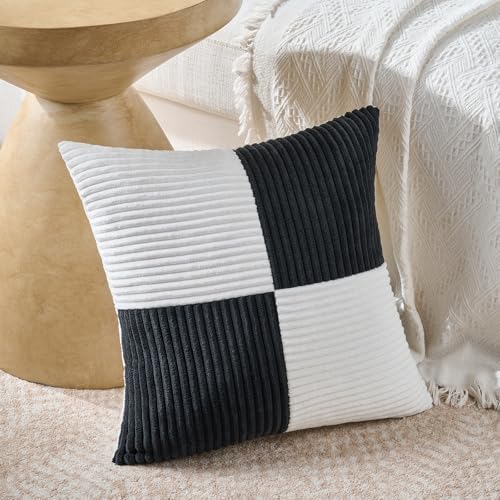 Fancy Homi Set of 2 Black White Decorative Throw Pillow Covers 20x20 Inch for Living Room Couch Bed Sofa, Farmhouse Boho Home Decor, Soft Cross Corduroy Patchwork Accent Square Cushion Case 50x50 cm - Image 2