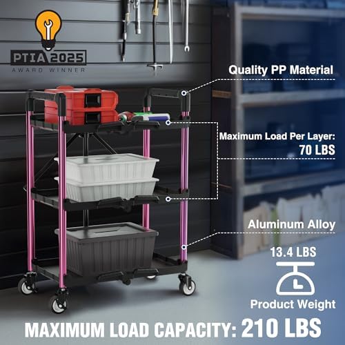 WORKPRO 3-Tier Collapsible Utility Cart, 210 LBS Cart with Wheels - Image 4