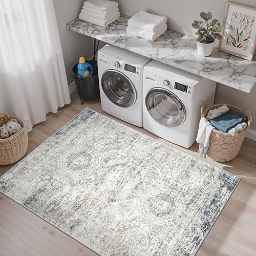 Soalmost 4x6 Area Rug for Living Room, Washable Rugs Non-Slip, Blue/Ivory - Image 3