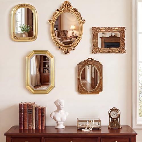 Wonderjune 5 Pcs Vintage Gold Mirror Set for Wall Decorative Resin Frame Ornate Antique Hanging and Tabletop Mirror for Home Dresser Gallery Decor Photography Props Gift (Baroque Style) - Image 7