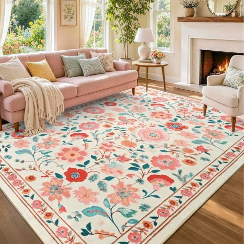 6x9 Ft Washable Area Rug for Living Room Beige Vintage Floral Carpet by Lo%CC%80utiRootHome