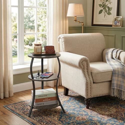 YEAKOO Small Side Table with Charging Station,3-Tier Round end Table - Image 2