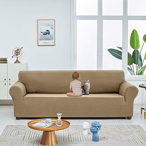 Joccun Stretch Loveseat Couch Cover Slipcover, 1-Piece Sofa Cover for 2 Cushion Couch Spandex Jacquard Washable Furniture Protector Cover for Living Room,Kids,Pets（Loveseat,Tan） - Image 5