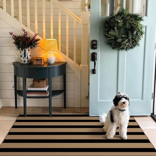Black Tan Striped Entry Rug - 3x5 Non-Slip Indoor Outdoor Rugs - Image 6