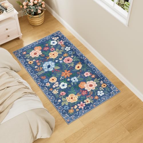 DUKINO 2x4 Entryway Rug, Floral Washable Kitchen Rugs Non Slip, Blue - Image 3