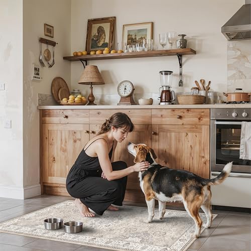 Washable 2x4 Entryway Area Rugs: Vintage Water Resistant Kitchen Rug Non-Slip Durable Doormat Ultra Soft Living Room Bedroom Carpet Indoor Low Pile Floor Mat for Bathroom Dining Room(2x4,Beige) by HYHAOYUNLAI