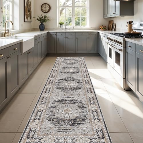 3x12 Washable Hallway Runner Rug - Non-Slip Vintage Kitchen Rugs Black Gray by Puino