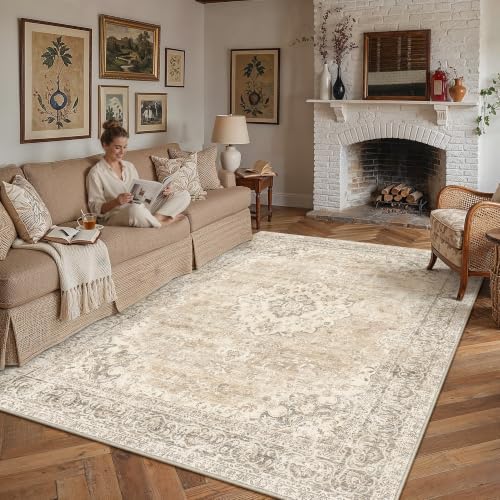 6x9 Taupe Washable Area Rug Non Slip Vintage Carpet by WondRg