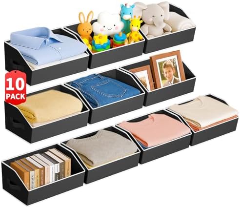 Homsorout Large Closet Organizers and Storage Bins - 10 Pack Trapezoid Storage Baskets for Shelves, Foldable Fabric Baskets with Handles Ideal for Closet, Basket, Wardrobe and Shelf Storage, Black by Homsorout