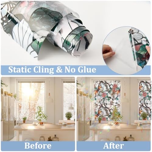 GORGECRAFT 39.4x17 Inch White Flower Rainbow Window Privacy Film 3D Sun Stained Window Glass Decorative Blocking Window Cling Static UV Resistant Decals Non-Adhesive Reusable Sticker for Room Home - Image 5