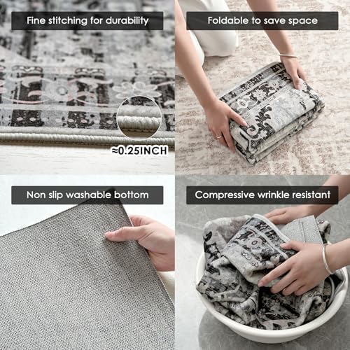 RUGIXE 6x9 Washable Area Rug, Vintage Distressed Boho Faux Cashmere Rug, Soft Low Pile Foldable Carpet with Non Slip TPR Backing for Living Room Bedroom Dining Room - Image 4