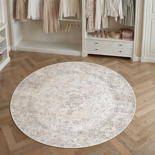 6R Washable Round Rug Beige Grey Non Slip Vintage Carpet - Image 2