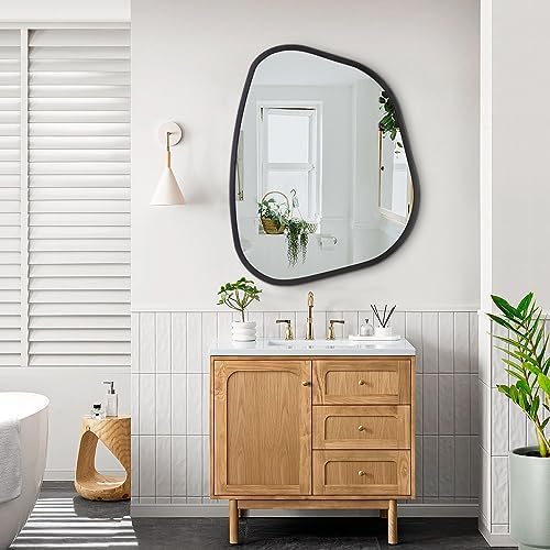 Black Asymmetrical Mirror Large 26"x18" Irregular Oval Wall Mirror Modern Wood Frame Unique Shape Wall Mounted Vanity Artistic Mirror Decorative for Living Room Bedroom Bathroom Entryway Hallway - Image 6