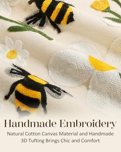 Embroidered Throw Pillow Cover 20x20 Inch, Flower Bee - Image 2
