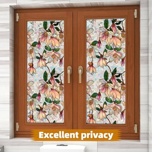 Retro Flowers Window Privacy Film, Magnolia Stained Glass Decorative Window Film for Glass, Rainbow Stained Window Cling Sticker Floral Removable Static Cling for Window (1, Magnolia, 17x78.7in) - Image 5