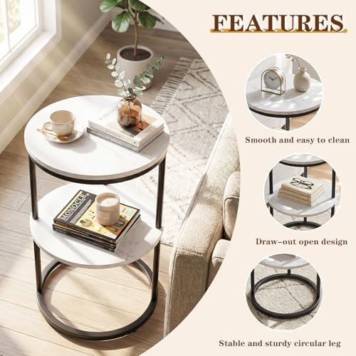 Round End Side Table,C Shaped Table for Couch,2 Tier Small Sofa Table with Metal Frame for Bedroom,Living Room,Bedside,Black(11.8" D x 11.8" W x 22.9" H) - Image 4
