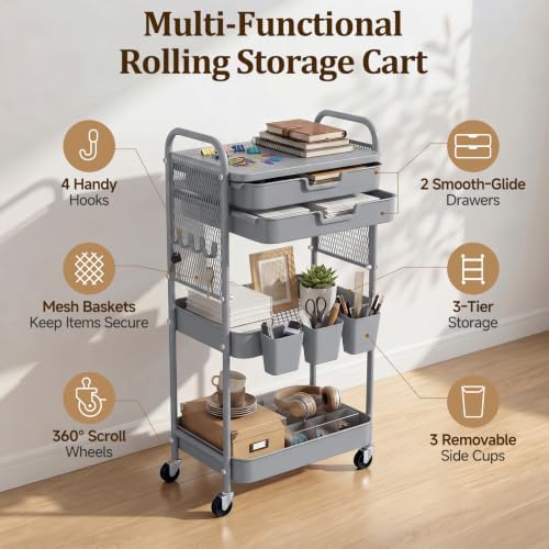 3 Tier Rolling Cart with 2 Drawers, Metal Utility Storage Carts with Wheels - Image 2