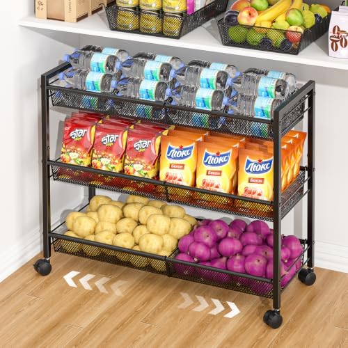3IngSeagulls 3-Tier Expandable Rolling Pantry Floor Organizer, Stackable Pantry Storage Cart with Wheels, Kitchen Fruit and Vegetable Storage Rack for Onion, Potato, Food, Snacks by 3IngSeagulls