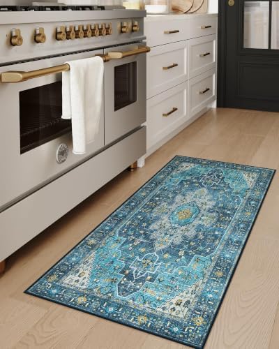 Moynesa 2x4 Teal Vintage Floral Medallion Runner Rug - Machine Washable, Non-Slip, Low Pile, Indoor Use Only - Image 3