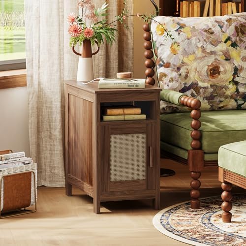 Huuger Narrow Night Stand, End Table with Charging Station, USB-C Port, Rattan Side Table with Cabinet and Open Shelf, Synthetic Rattan, for Small Spaces, Bedroom, Walnut - Image 6