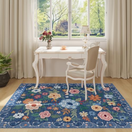 DUKINO 3x5 Area Rug, Floral Washable Rug for Bedroom Non Slip, Blue - Image 3