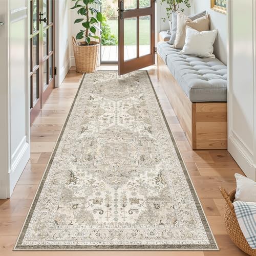 Madane Kitchen Runner 2'6''x8' Soft Rug Runners for Hallways, Ivory/Brown by Madane