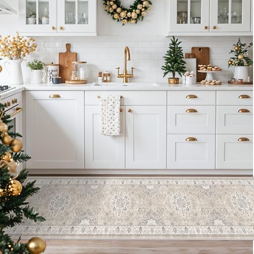 Hallway Washable Runner Rug - 2x10 Kitchen Rugs Entryway Rug Runner Vintage Soft Floor Mat Non Slip Indoor Farmhouse Carpet for Bathroom Living Room Bedroom (2 X 10, Beige) - Image 3