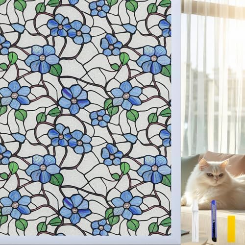 QHY Sunshine Privacy Window Film with Installation Tool Decorative Stained Glass Window Stickers Reusable Window Film (Indigo Frosted, 17.5 x 78.7) by QHYsunshine