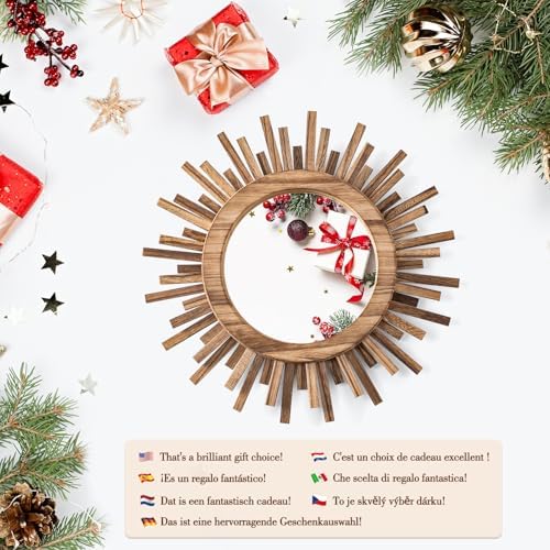 12 Inch Boho Sunburst Mirror, Round Wooden Wall Decor Starburst Sun Mirror for Bedroom, Living Room, Bathroom, Hallway, Balcony, Farmhouse Entryway, Housewarming Gift（Rustic Brown - Image 6