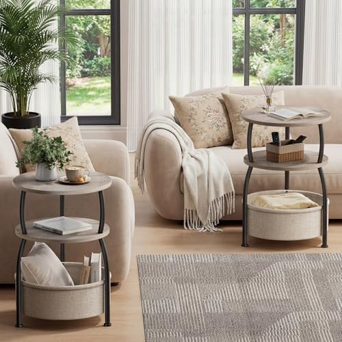 Round Side Table with Storage Basket, End Table Living Room, Greige - Image 4
