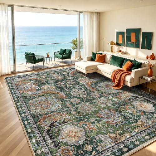 RUGSURE Washable Area Rugs - Perfect for Living Room, Bedroom, Kids Room, Nursery - Stain & Water Resistant Non-Slip, Pet & Child Friendly, Vintage Tribal Area Rugs (Green, 9' x 12') - Image 3