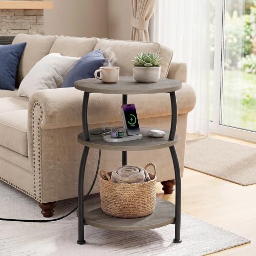 Round Side Table with Power Outlet, USB Type C Port, 3-Tier End Table - Image 2