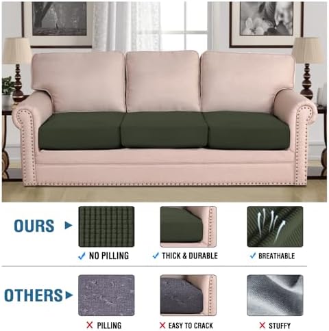 H.VERSAILTEX Super Stretch Individual Seat Cushion Covers Sofa Covers Couch Covers Slipcover Sets Thick Jacquard Textured Twill Fabric (3 Piece XL Sofa Cushion Covers, Olive) - Image 2