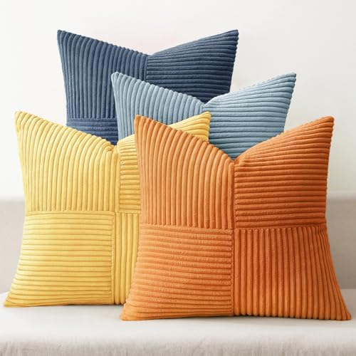 MIULEE Summer Yellow Blue Decorative Throw Pillow Covers 18x18 Inch Set of 4 Soft Corduroy Boho Patchwork Pillow Covers Modern Farmhouse Bright Home Decor for Sofa Living Room Couch Bed by MIULEE