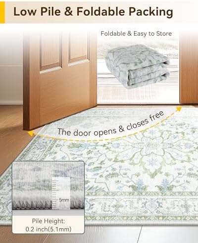 RELEANY Washable Area Rug, Square 7'x7', Green/White/Blue - Image 4