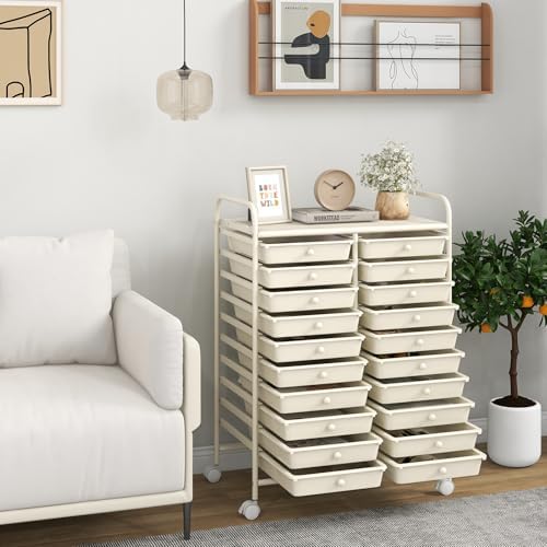 Giantex 20 Drawers Rolling Cart, Mobile Storage Drawer Cart, Classroom Organizer for Office School Supplies Tools Scrapbook Paper Craft Small Printer, Utility Stand on Wheels, Ivory White - Image 2