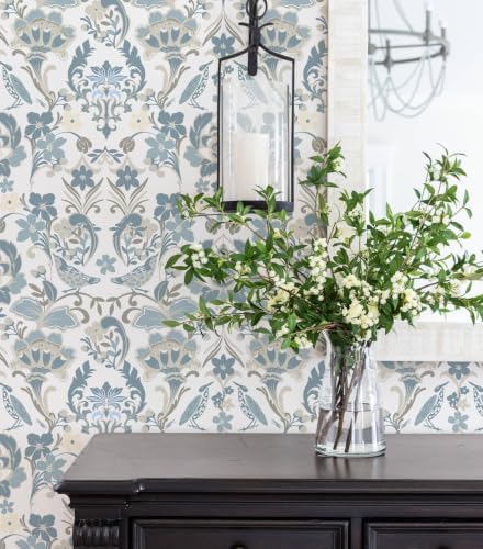 Vintage Peel and Stick Wallpaper, Light Blue Beige Traditional Damask Floral Removable Wallpaper for Bedroom Closet Accent Wall, Farmhouse Cottage Home Decor (Soft Blue, 17.3"x78.74") - Image 2