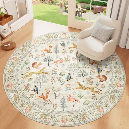 DUKINO 5ft Round Rug, Washable Animal Non Slip Circle Area Rug, Beige - Image 3