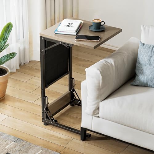 Folding TV Tray Table, Small Folding Side Table with Storage Bag, Portable C Shaped End Table for Couch Sofa Bed, Oak Gray - Image 4
