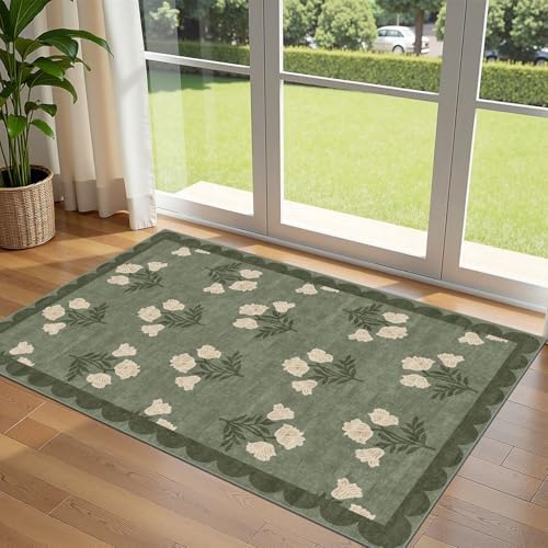 3x5 Floral Entry Rug - Small Washable Indoor Outdoor Mats for Front Door Non-Slip Spring Porch Rug Sage Green Farmhouse Throw Rugs for Living Room Bedroom Entryway Kitchen Office Porch Decor by Othilic