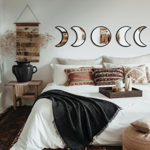 5-Piece Black Acrylic Moon Phase Wall Mirror Set - Shatterproof Safety Design, Easy Stick-On Installation, Boho Celestial Decor for Bedroom Living Room - Image 3