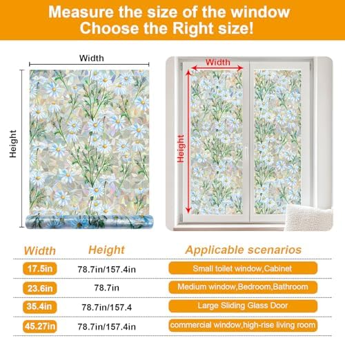 Countewol Privacy Window Films Stain Glass Cling No Glue Anti-UV Window Sticker for Bathroom Bedroom Living Room(Daisy Rainbow 157.4" L*17.5" W) - Image 6
