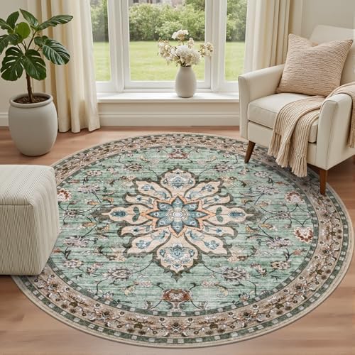 Round Area Rug for Living Room: 4ft Boho Washable Rug Brown Green - Image 2