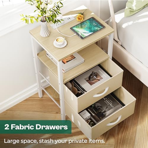 Huuger Nightstand with Charging Station, Side Table with Fabric Drawers - Image 5