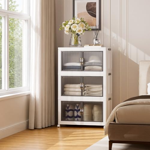 SAILUN 348Qt Stackable Storage Bins,Storage Cabinet with a Lid,3 Pack White by SAILUN